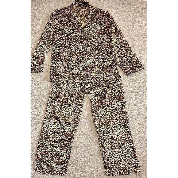 Alexander Del Rossa Animal Print Pajama Set Leopard Satin Florida USA - Picture 1 of 11